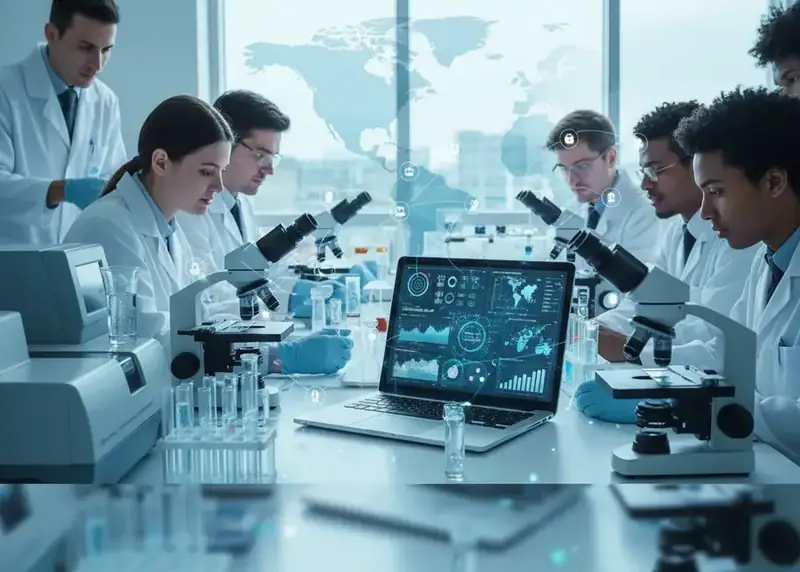 Scientists working at microscopes with a laptop showing laboratory analytics